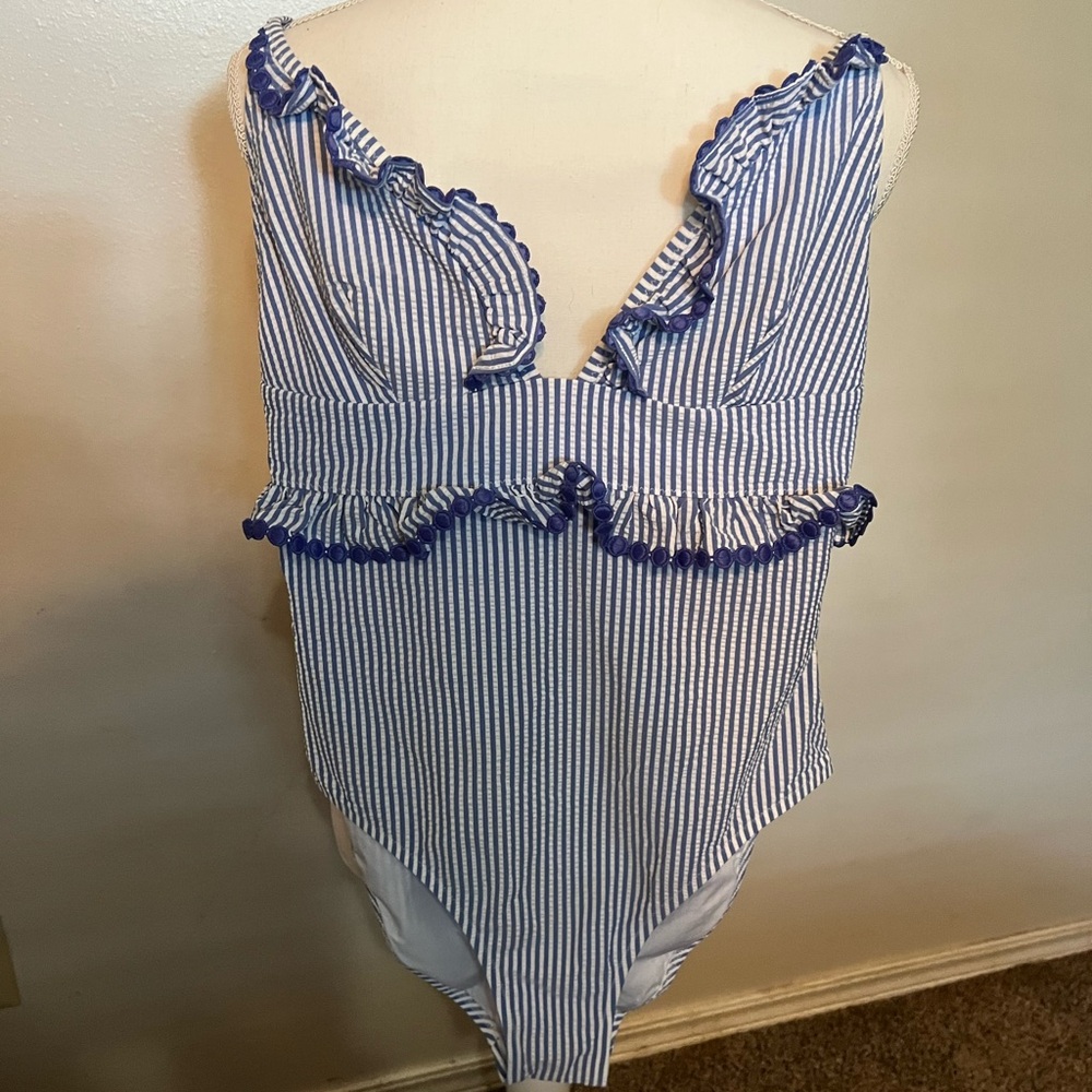 J. Crew Blue and White Striped Ruffle Swimsuit